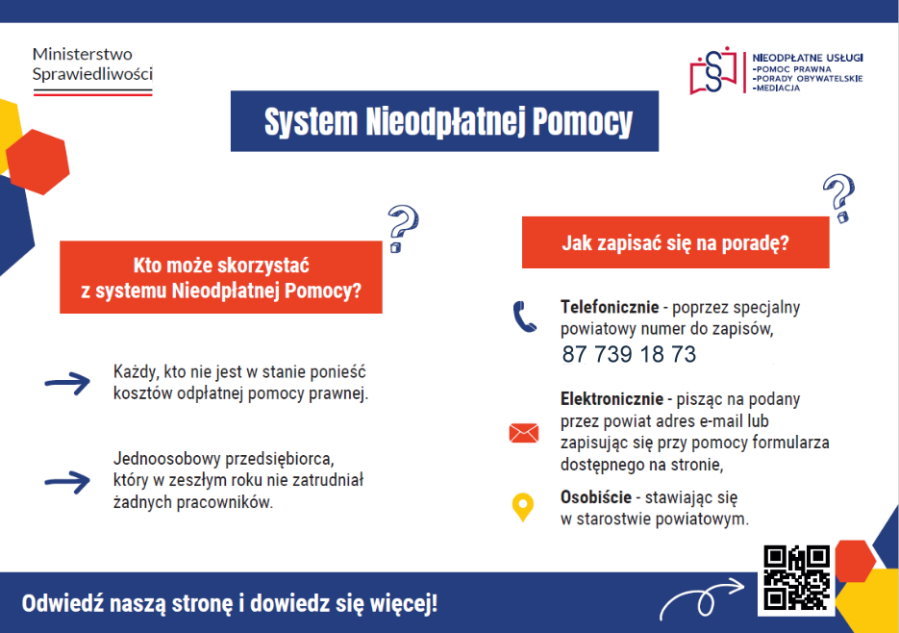 Na górze po lewej logo, tj. napis Ministerstwo Sprawiedliwości i pod nim barwy Polski. Po prawej logo, tj. paragraf z symbolami ludzi i napisem: nieodpłatne usługi pomoc prawna porady obywatelskie mediacja. Pod logami treść. System nieodpłatnej pomocy. Kto może skorzystać z systemu nieodpłatnej pomocy? Każdy, kto nie jest w stanie ponieść kosztów odpłatnej pomocy prawnej. Jednoosobowy przedsiębiorca, który w zeszłym roku nie zatrudniał żadnych pracowników. Jak zapisać się na poradę? Telefonicznie – poprzez specjalny powiatowy numer do zapisów, 87 739 18 73. Elektronicznie – pisząc na podany przez powiat adres e-mail lub zapisując się przy pomocy formularza dostępnego na stronie. Osobiście – stawiając się w starostwie powiatowym. Odwiedź naszą stronę i dowiedz się więcej! Obok QR kod, który odsyła na https://www.gov.pl/web/nieodplatna-pomoc. W tle ozdobniki i symbole graficzne.