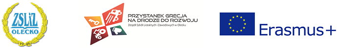 Po lewej logo ZSLIZ w Olecku, w środku logo projektu &bdquo;Przystanek Grecja na drodze do rozwoju&rdquo; a po prawej Erasmus +.
